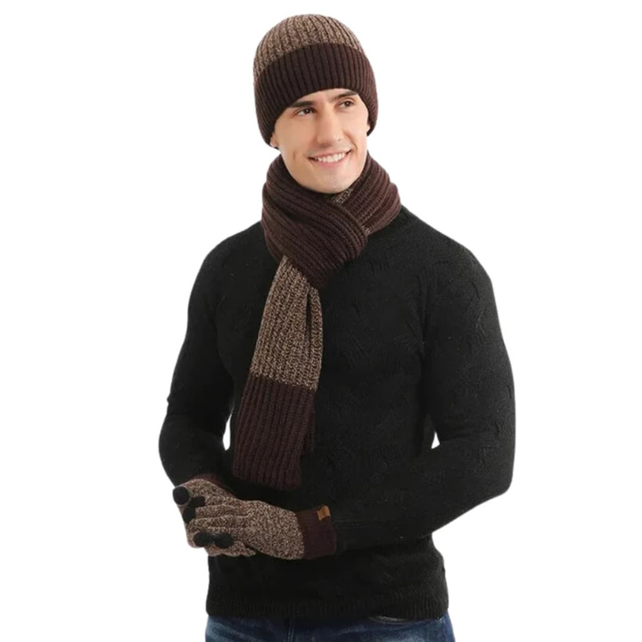 Heren Gebreide Muts Sjaal Handschoenen Set - Winterwarmte - Bruin
