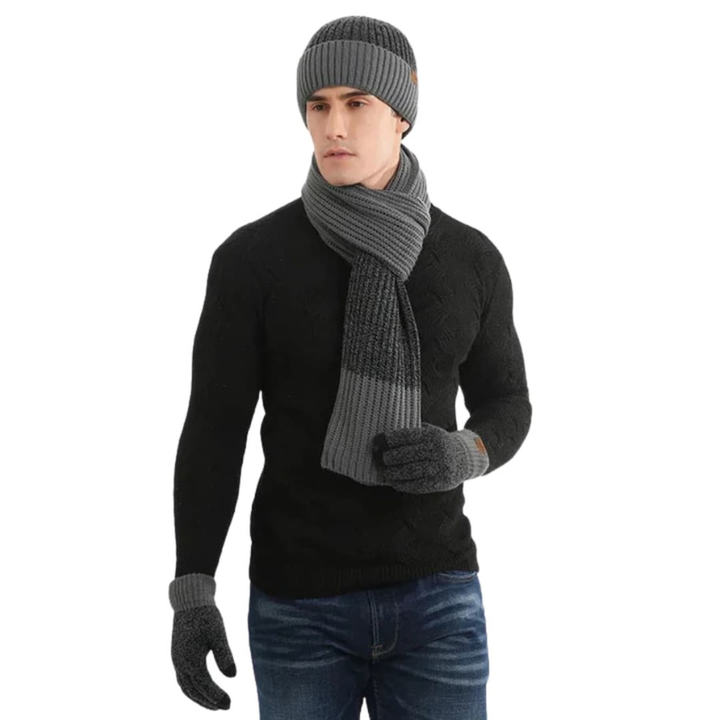 Heren Gebreide Muts Sjaal Handschoenen Set - Winterwarmte - Grijs
