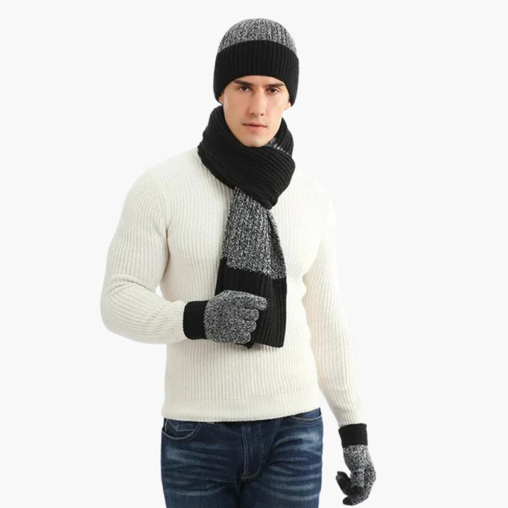 Heren Gebreide Muts Sjaal Handschoenen Set - Winterwarmte - Zwart