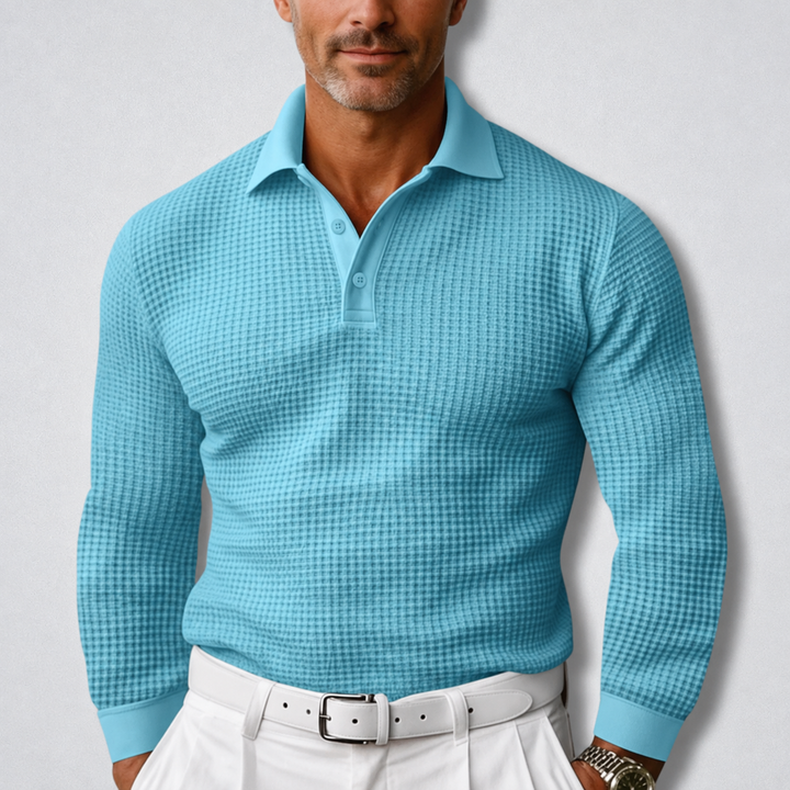 Heren Gebreide Poloshirt Lange Mouwen in blauw, Klassieke Stijl