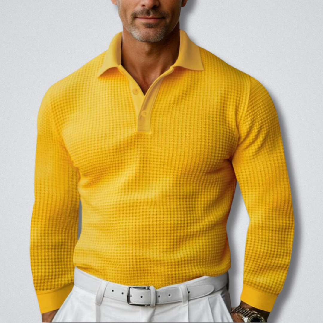 Heren Gebreide Poloshirt Lange Mouwen in geel, Klassieke Stijl