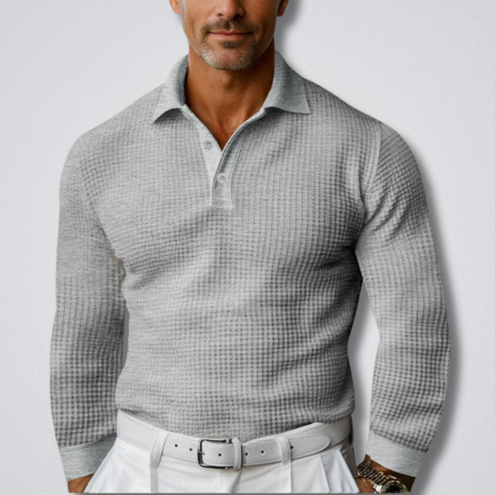 Heren Gebreide Poloshirt Lange Mouwen in grijs, Klassieke Stijl