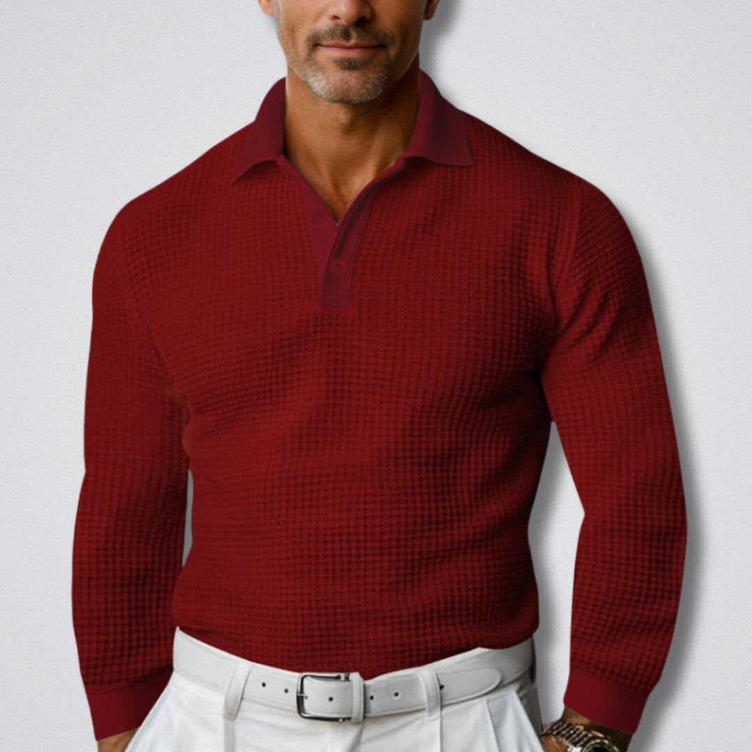 Heren Gebreide Poloshirt Lange Mouwen in rood, Klassieke Stijl
