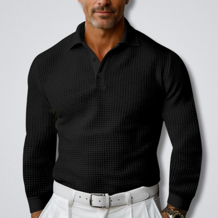 Heren Gebreide Poloshirt Lange Mouwen in zwart, Klassieke Stijl