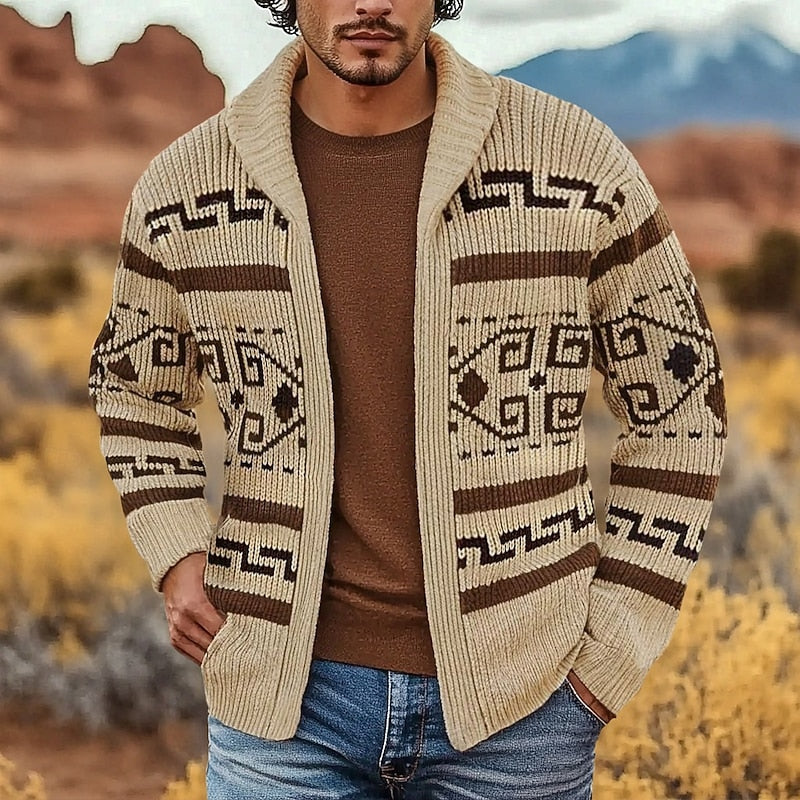 Heren Gebreide Ritscardigan met Patroon in khaki, Klassiek Design