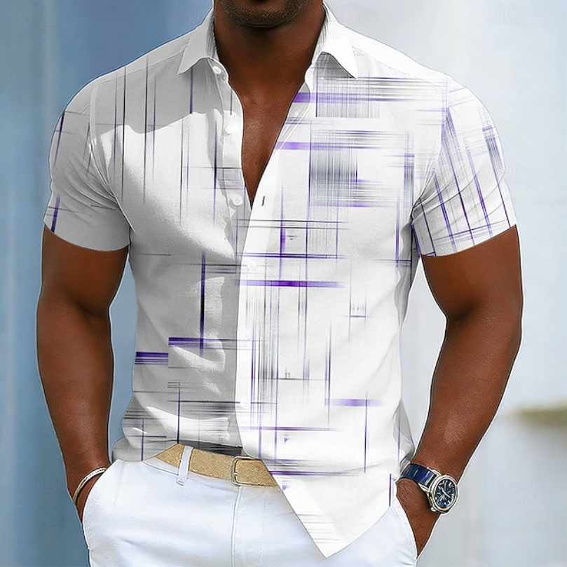 Heren Geometrisch Patroon Korte Mouwen Overhemd - Casual Statement - Paars