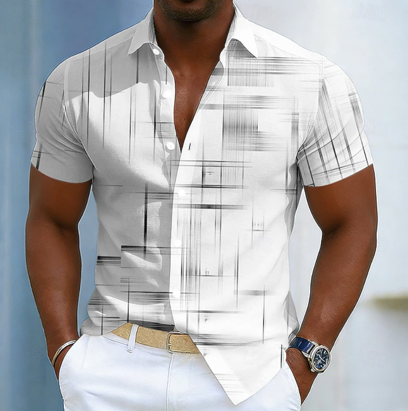 Heren Geometrisch Patroon Korte Mouwen Overhemd - Casual Statement - Wit