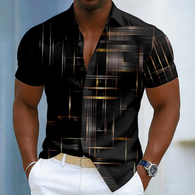 Heren Geometrisch Patroon Korte Mouwen Overhemd - Casual Statement - Zwart