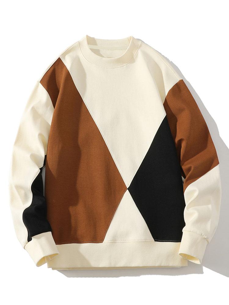Heren Geometrische Patchwork Sweatshirt in beige, Relaxed Fit Casual