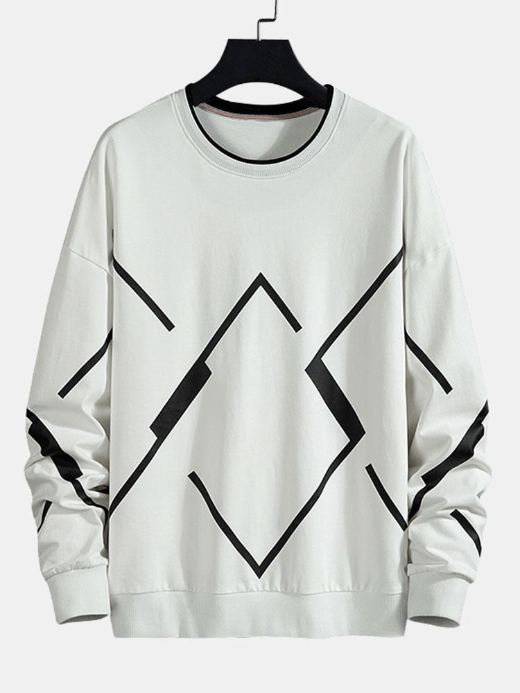 Heren Geometrische Print Crew Neck Sweatshirt in wit, Relaxed Fit