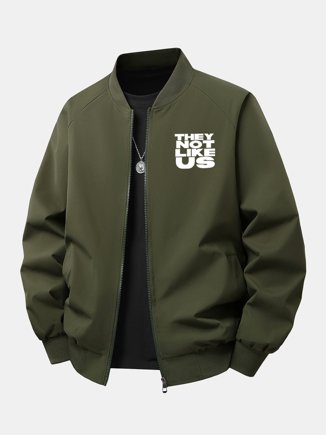 Heren Geprinte Bomber Jas met Ritssluiting in donkergroen, Relaxed Fit