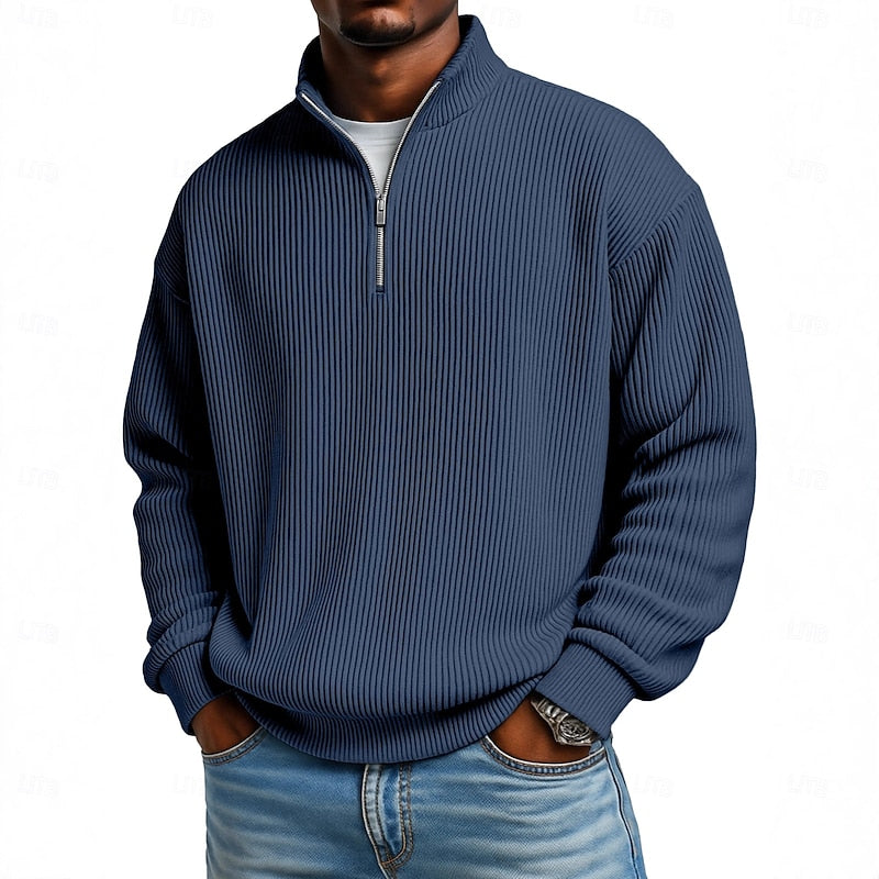 Heren Geribbelde Quarter-Zip Pullover in donkerblauw, Klassieke Comfort