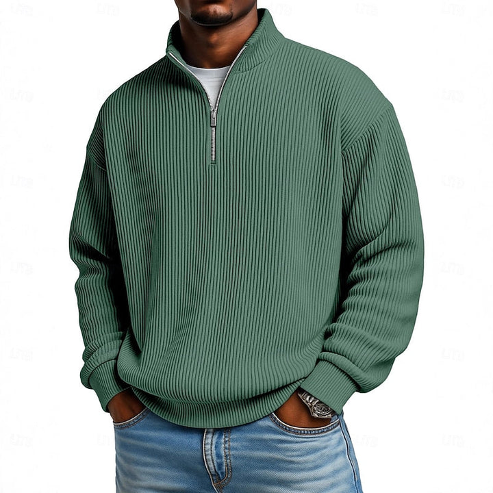 Heren Geribbelde Quarter-Zip Pullover in donkergroen, Klassieke Comfort