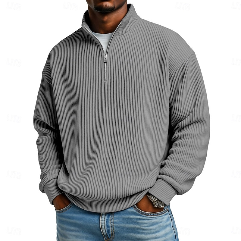 Heren Geribbelde Quarter-Zip Pullover in grijs, Klassieke Comfort