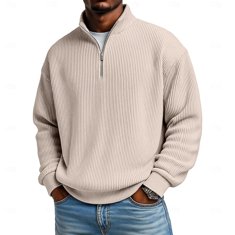 Heren Geribbelde Quarter-Zip Pullover in khaki, Klassieke Comfort