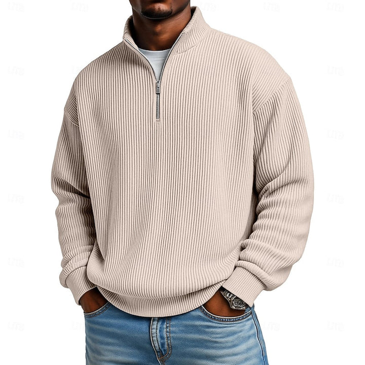Heren Geribbelde Quarter-Zip Pullover in khaki, Klassieke Comfort