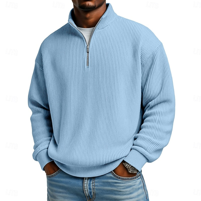 Heren Geribbelde Quarter-Zip Pullover in lichtblauw, Klassieke Comfort