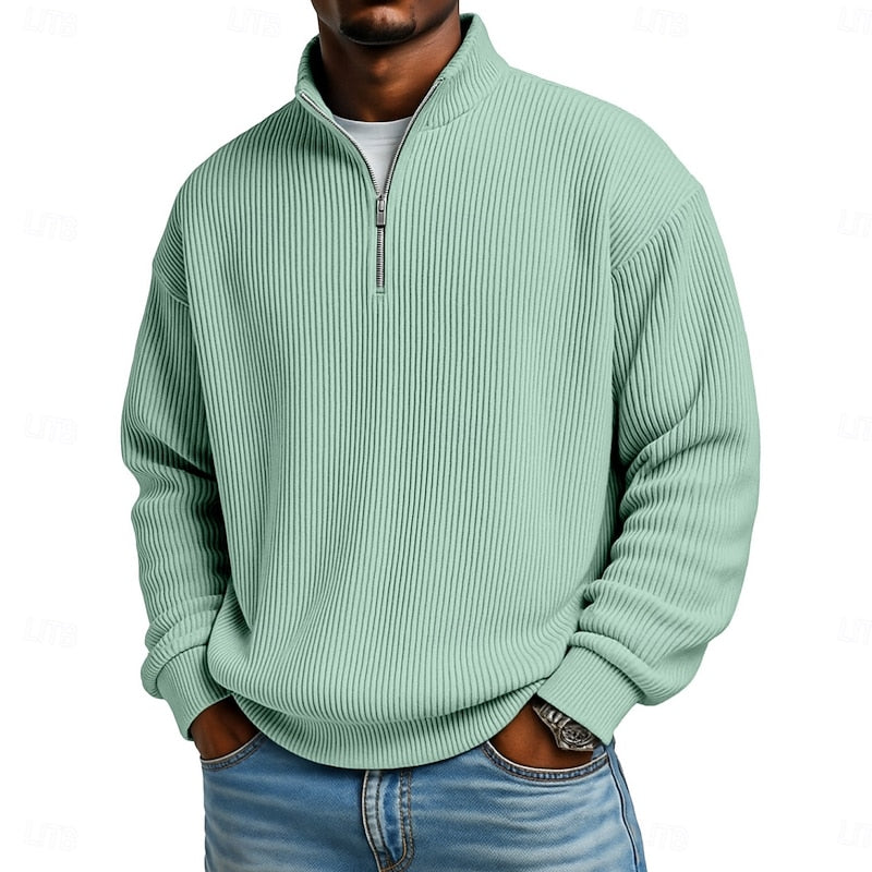 Heren Geribbelde Quarter-Zip Pullover in lichtgroen, Klassieke Comfort
