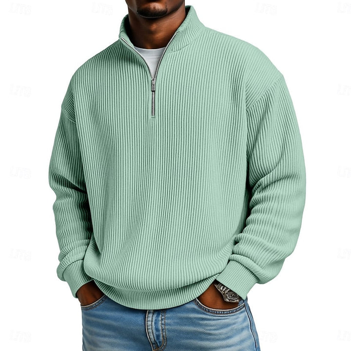 Heren Geribbelde Quarter-Zip Pullover in lichtgroen, Klassieke Comfort