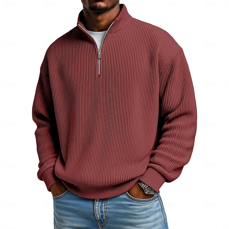 Heren Geribbelde Quarter-Zip Pullover in wijnrood, Klassieke Comfort