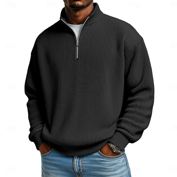 Heren Geribbelde Quarter-Zip Pullover in zwart, Klassieke Comfort