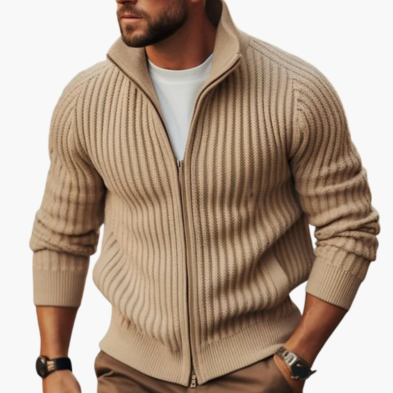 Heren Geribde Trui met Ritssluiting - Comfortabele Fit - Beige