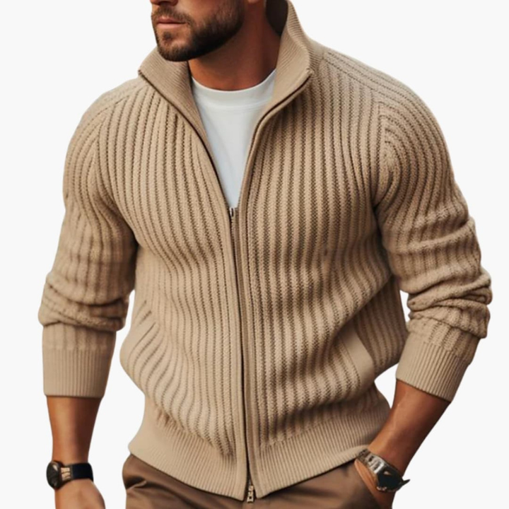 Heren Geribde Trui met Ritssluiting - Comfortabele Fit - Beige