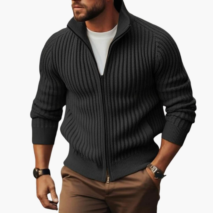 Heren Geribde Trui met Ritssluiting - Comfortabele Fit - Donkergrijs