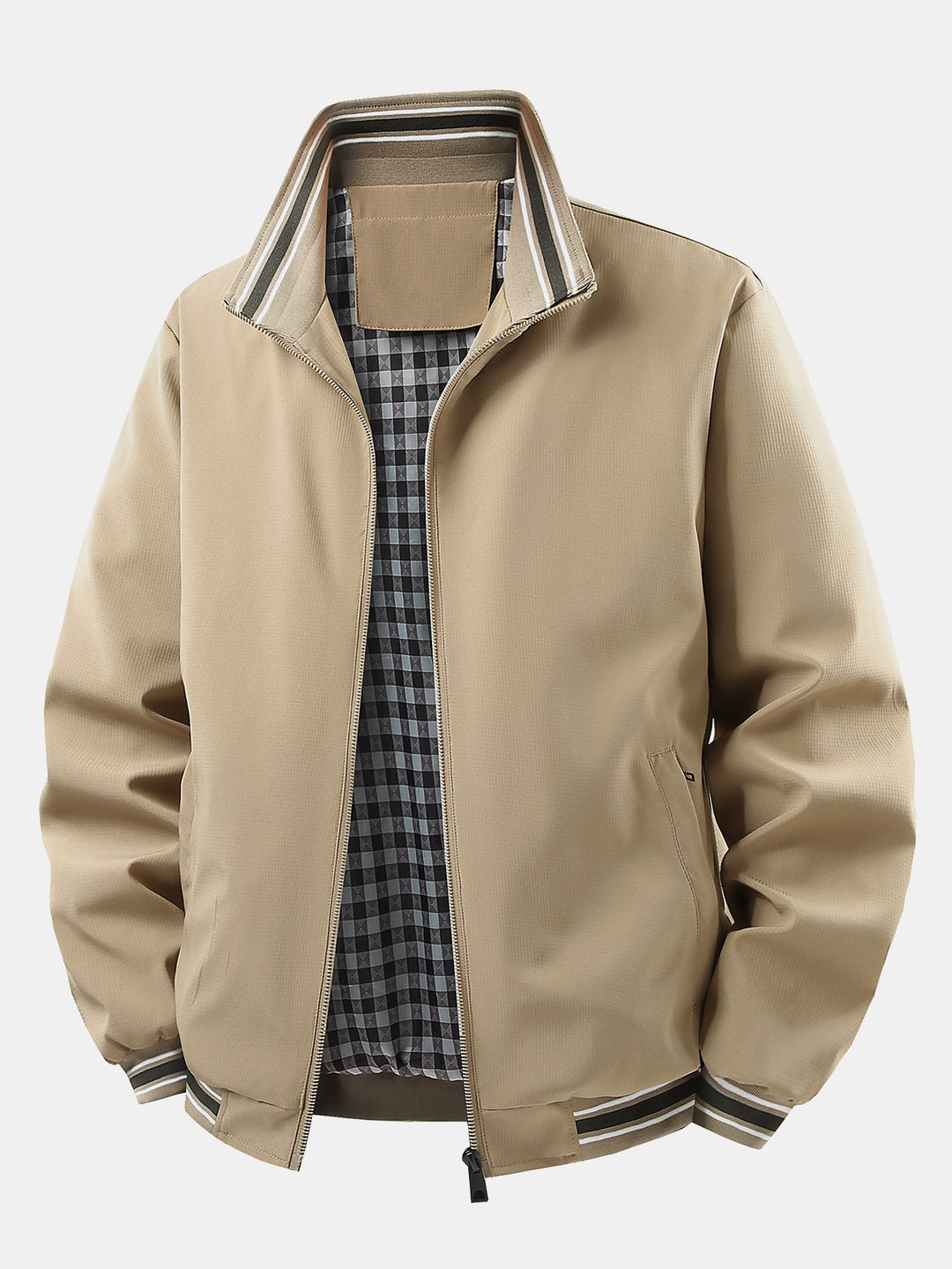 Heren Geruit Gevoerde Rits Jasje met Staande Kraag in khaki, Relaxed Fit
