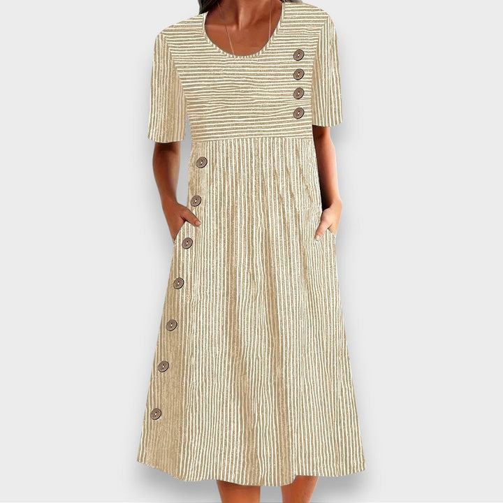 Heren Gestreepte Midi-Jurk met KnoopcDetail - Klassiek - Beige