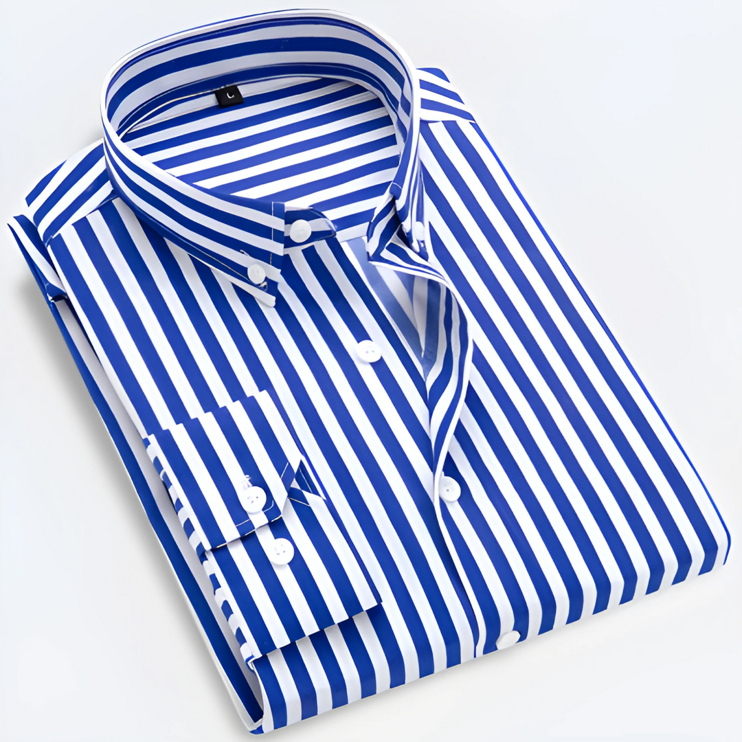 Heren Gestreepte Overhemd Lange Mouwen - Tailored Fit - Donkerblauw