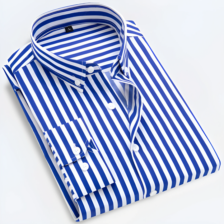 Heren Gestreepte Overhemd Lange Mouwen - Tailored Fit - Donkerblauw