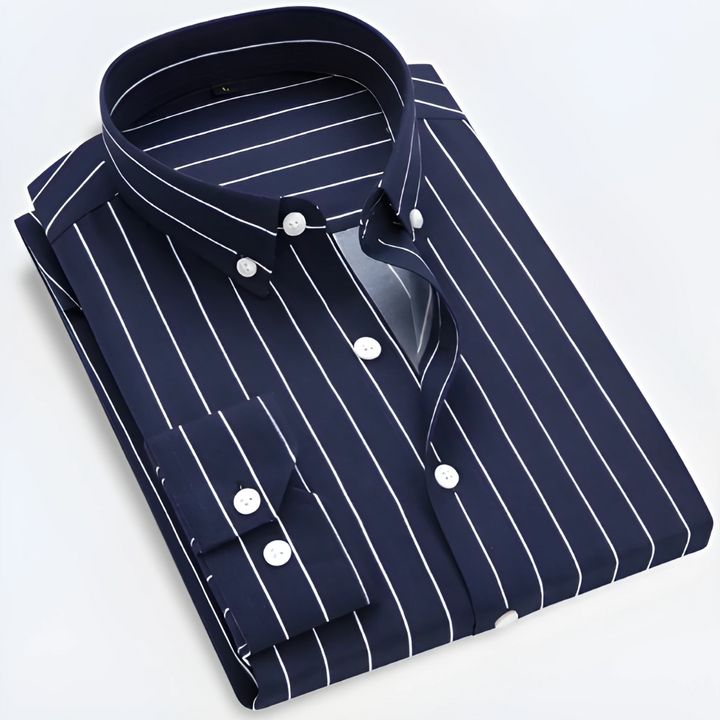 Heren Gestreepte Overhemd Lange Mouwen - Tailored Fit - Marineblauw