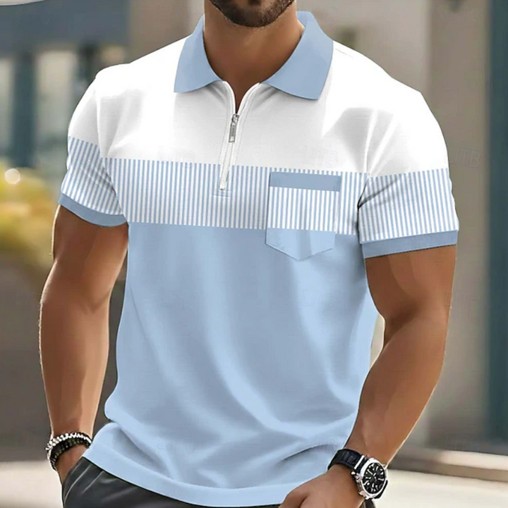 Heren Gestreepte Poloshirt met Ritssluiting - Casual - Blauw