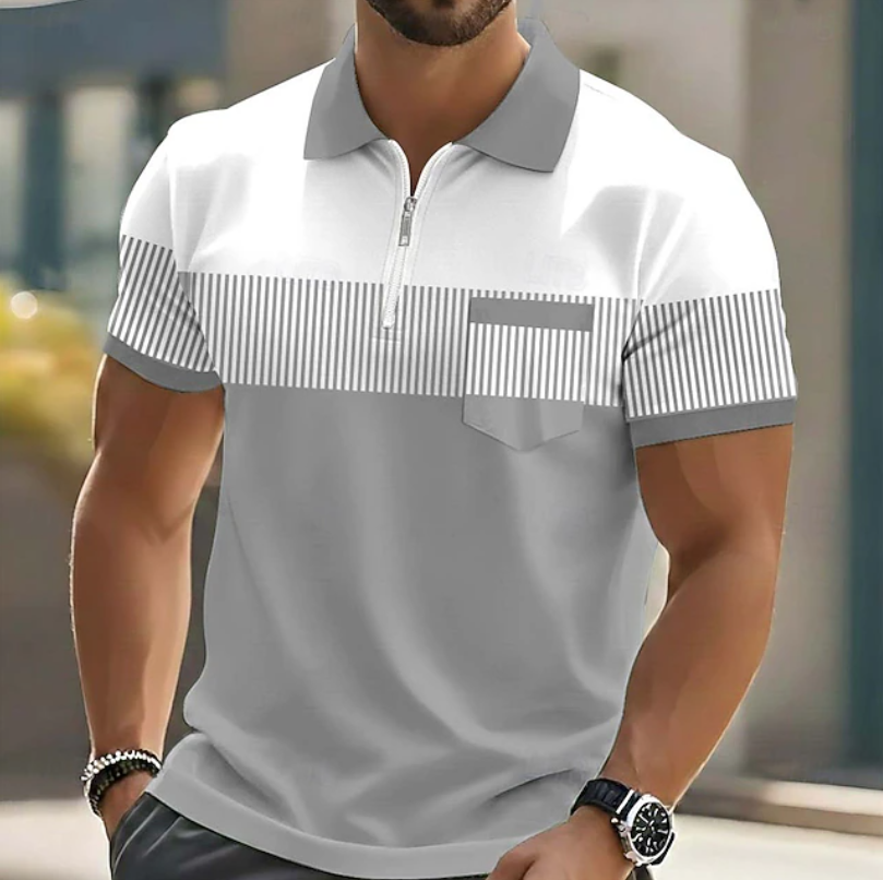 Heren Gestreepte Poloshirt met Ritssluiting - Casual - Grijs