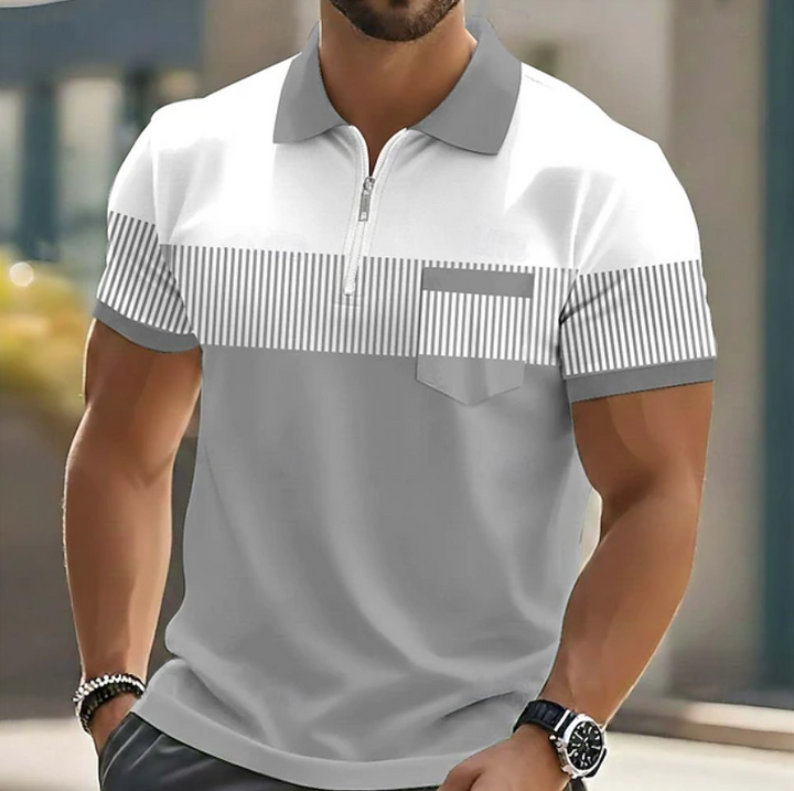 Heren Gestreepte Poloshirt met Ritssluiting - Casual - Grijs