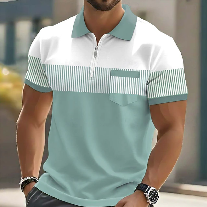 Heren Gestreepte Poloshirt met Ritssluiting - Casual - Groen