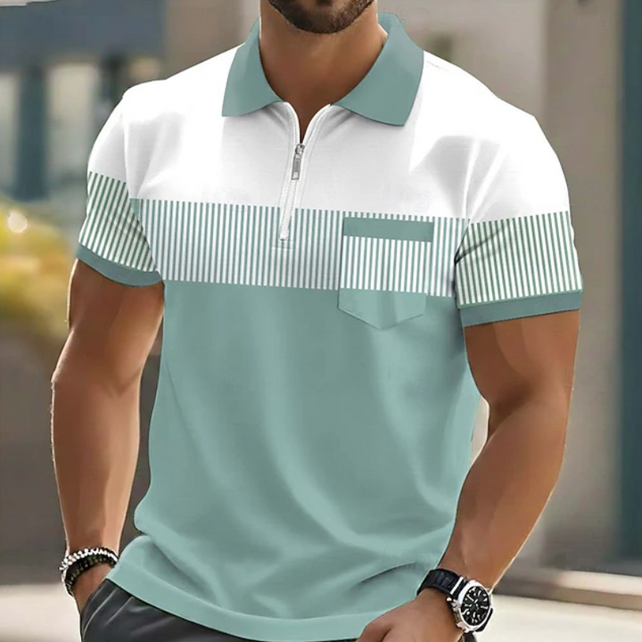 Heren Gestreepte Poloshirt met Ritssluiting - Casual - Groen
