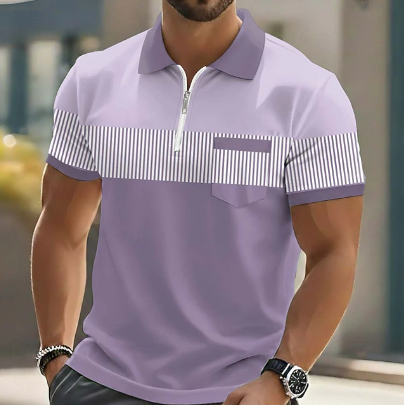Heren Gestreepte Poloshirt met Ritssluiting - Casual - Paars