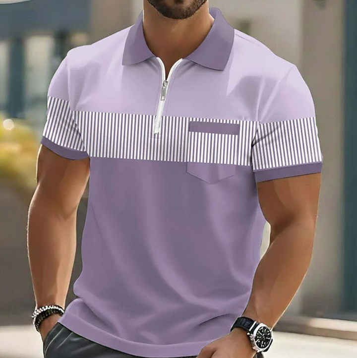 Heren Gestreepte Poloshirt met Ritssluiting - Casual - Paars
