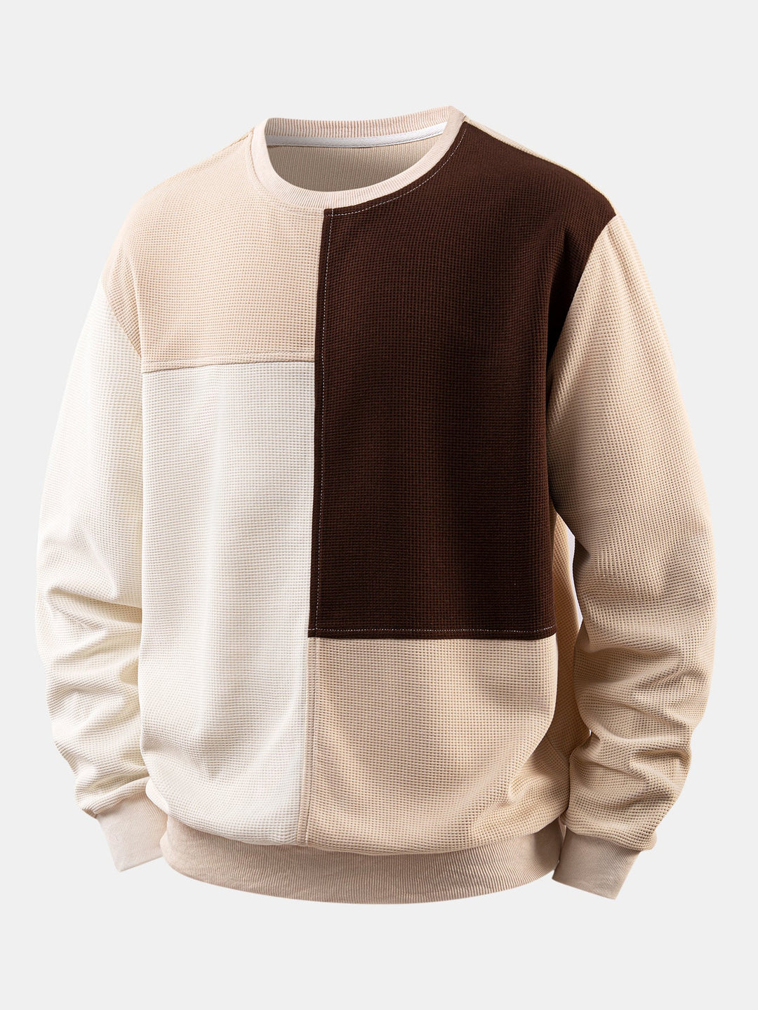 Heren Gestructureerde Wafel Sweatshirt met Patchwork in beige, Relaxed Fit