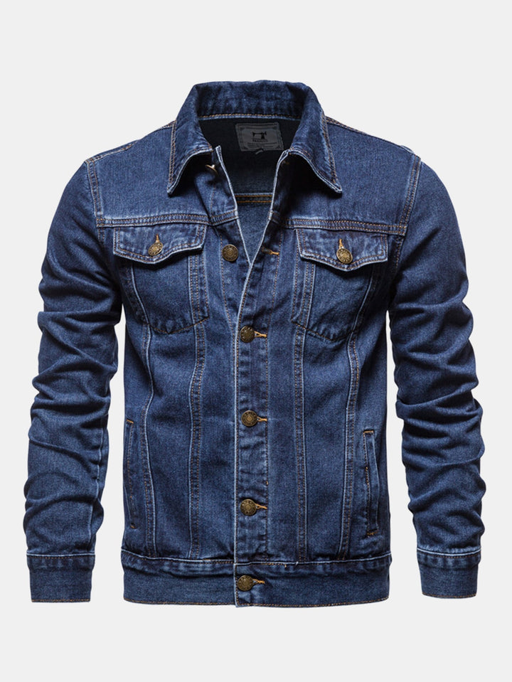 Heren Gewassen Denim Trucker Jacket in donkerblauw, Klassieke Pasvorm