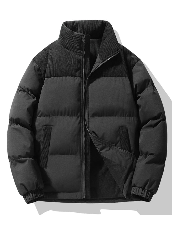 Heren Gewatteerde Winterjas met Corduroy Panelen in zwart, Casual Fit