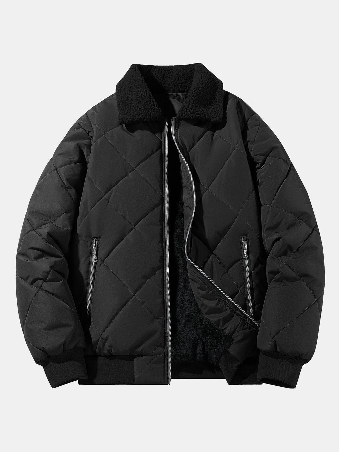 Heren Gewatteerde Winterjas met Teddy Fleece Kraag in zwart, Bomber