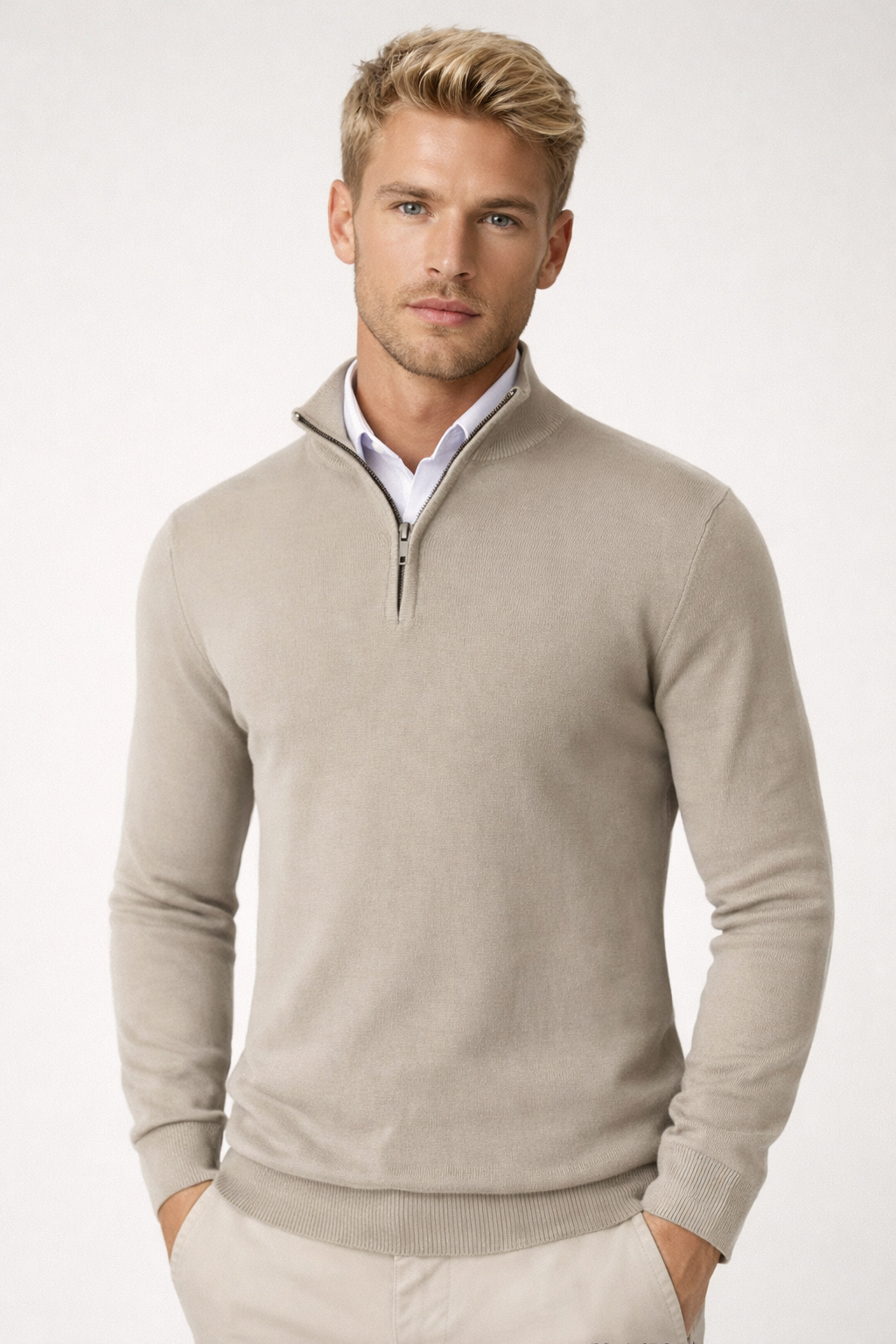 Heren Half-Zip Trui met Ritskraag - Comfortabele Fit - Beige