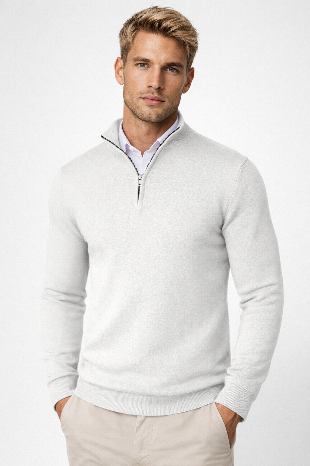 Heren Half-Zip Trui met Ritskraag - Comfortabele Fit - Wit