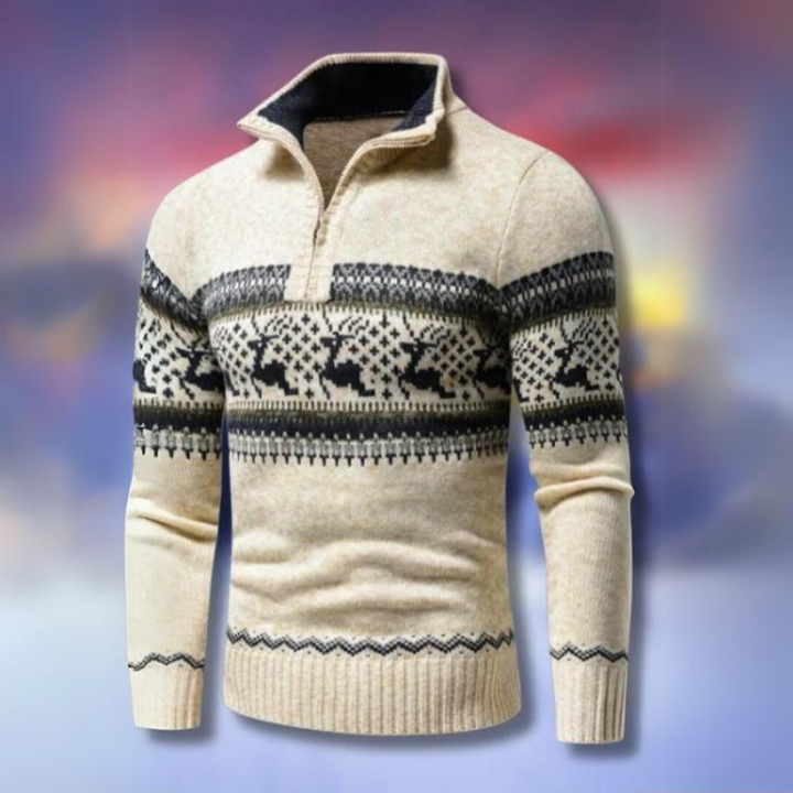 Heren Half Zip Wintertrui Fair Isle - Klassiek Design - Beige