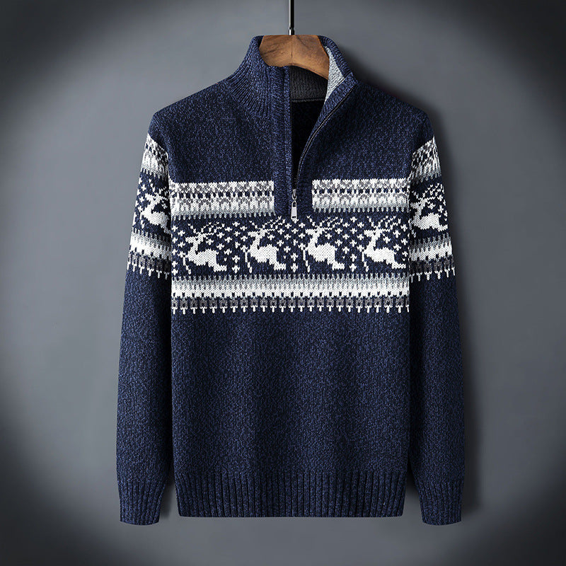 Heren Half Zip Wintertrui Fair Isle - Klassiek Design - Blauw