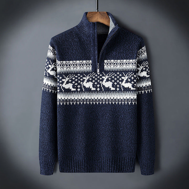 Heren Half Zip Wintertrui Fair Isle - Klassiek Design - Blauw