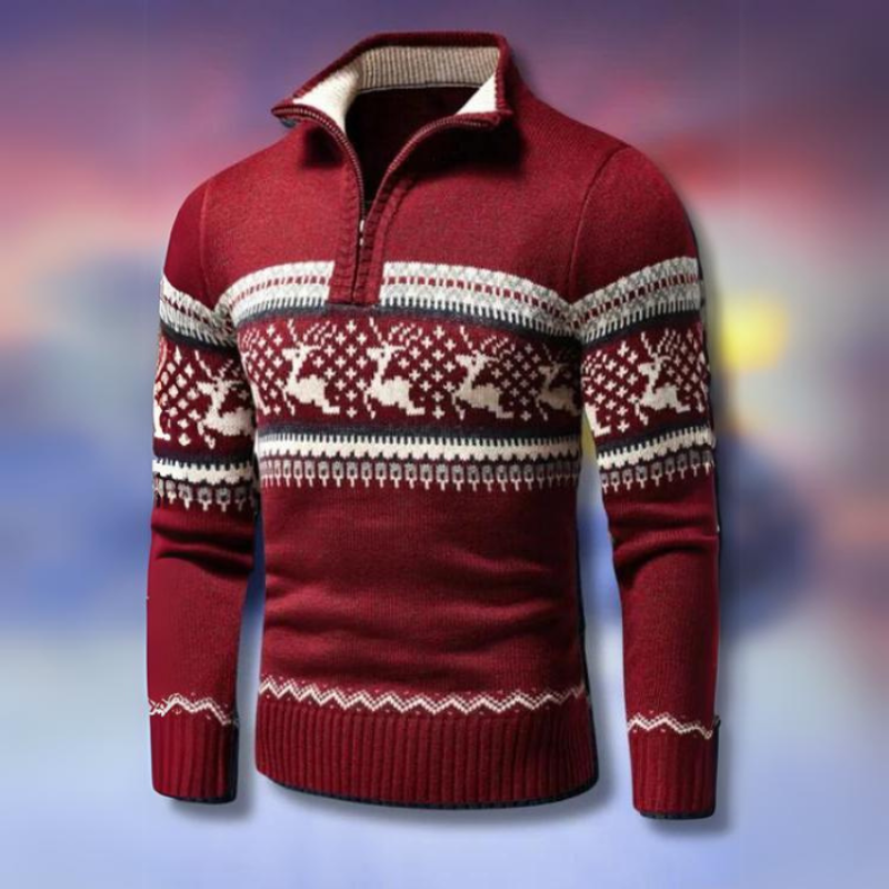 Heren Half Zip Wintertrui Fair Isle - Klassiek Design - Rood